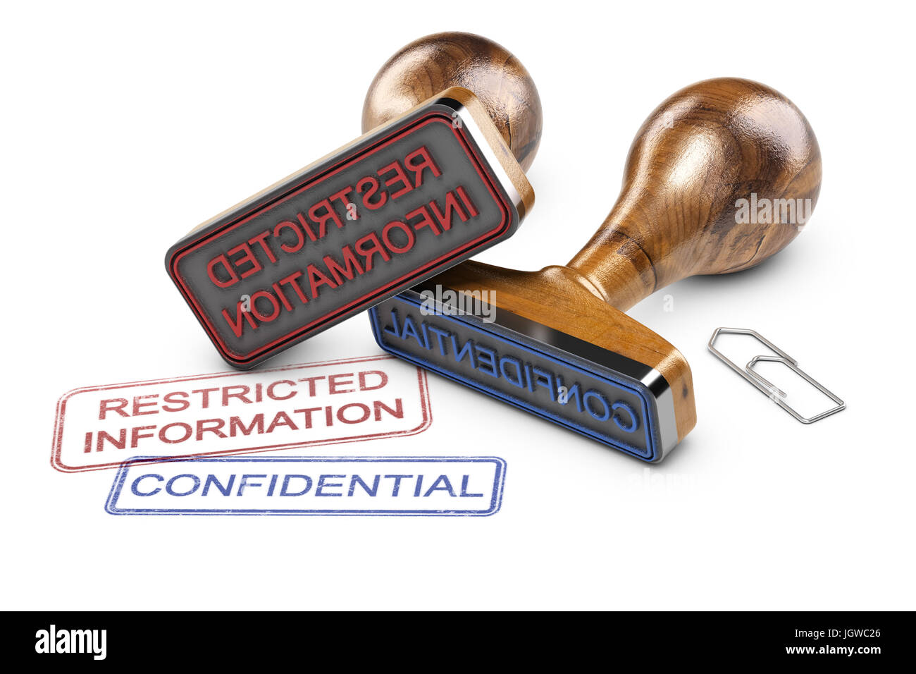 Due timbri in gomma su sfondo bianco con il testo informazioni riservate e confidenziali. 3d'illustrazione. Foto Stock