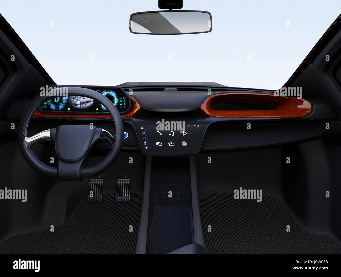 Auto autonomo concetto interno. Design piatto icone multimediali sul centro touch screen. Il rendering 3D'immagine. Foto Stock