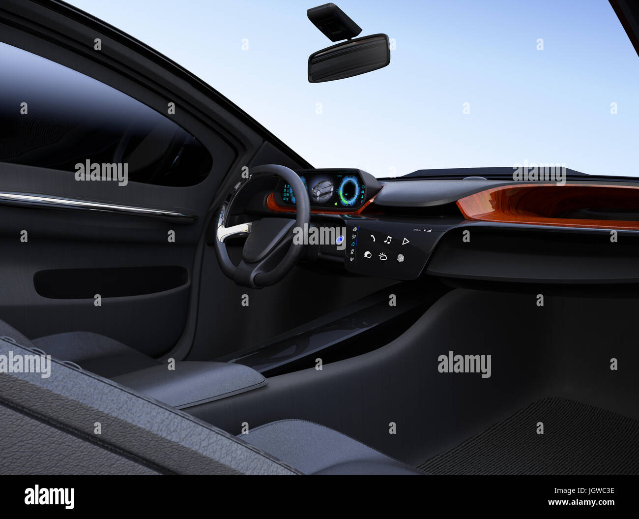 Auto autonomo concetto interno. Design piatto icone multimediali sul centro touch screen. Il rendering 3D'immagine. Foto Stock