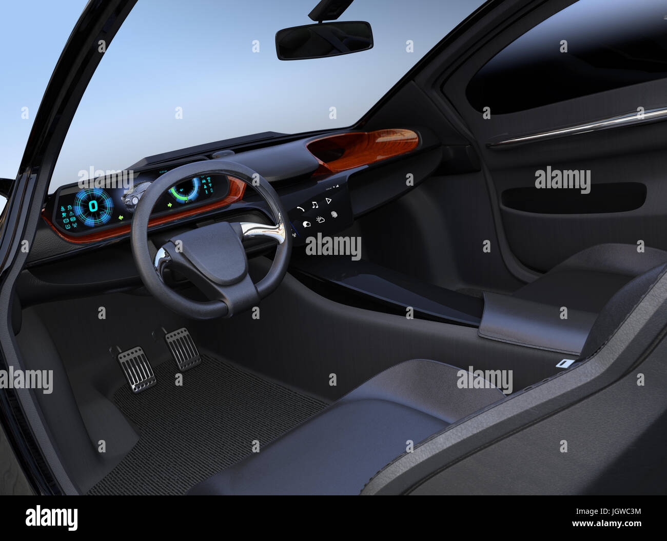 Auto autonomo concetto interno. Design piatto icone multimediali sul centro touch screen. Il rendering 3D'immagine. Foto Stock