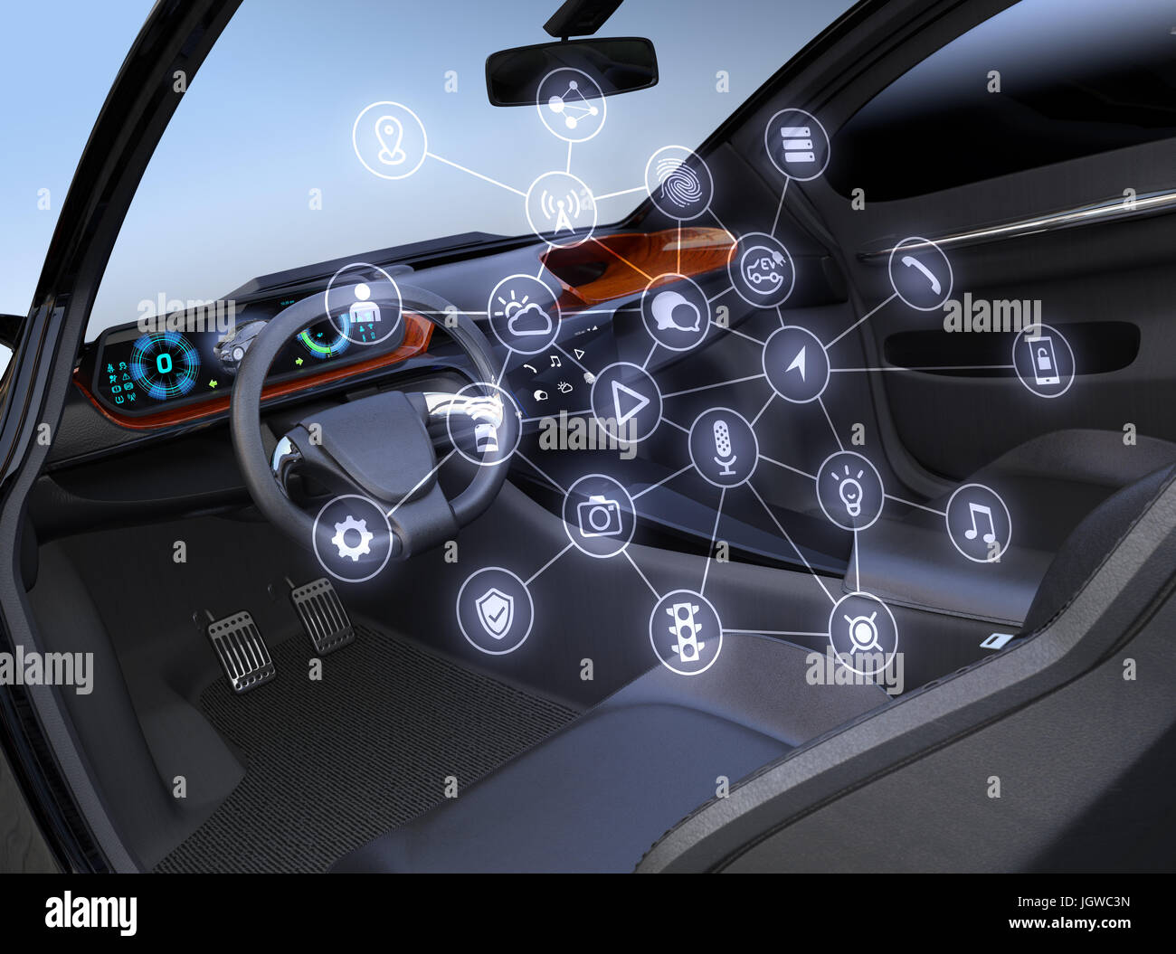 Auto autonoma interiore. Collegate le icone di auto. Internet delle cose concetto. Il rendering 3D'immagine. Foto Stock
