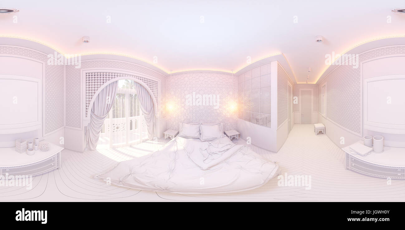 3d illustrazione sferica a 360 gradi, seamless panorama della camera da letto camera di albergo in un tradizionale stile islamico. Bella camera deluxe interi di sfondo Foto Stock