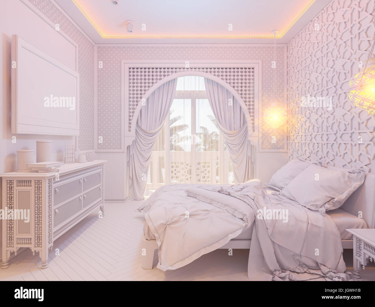3d illustrazione camera da letto design interno di una stanza di un hotel in un tradizionale stile islamico. Camera deluxe sfondo vista interni decorati con arabian mo Foto Stock
