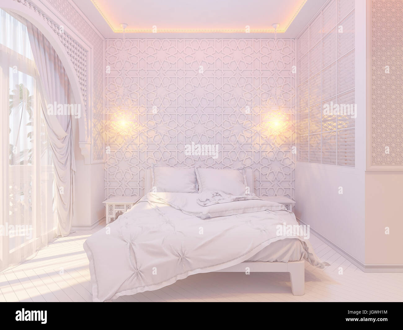 3d illustrazione camera da letto design interno di una stanza di un hotel in un tradizionale stile islamico. Camera deluxe sfondo vista interni decorati con arabian mo Foto Stock