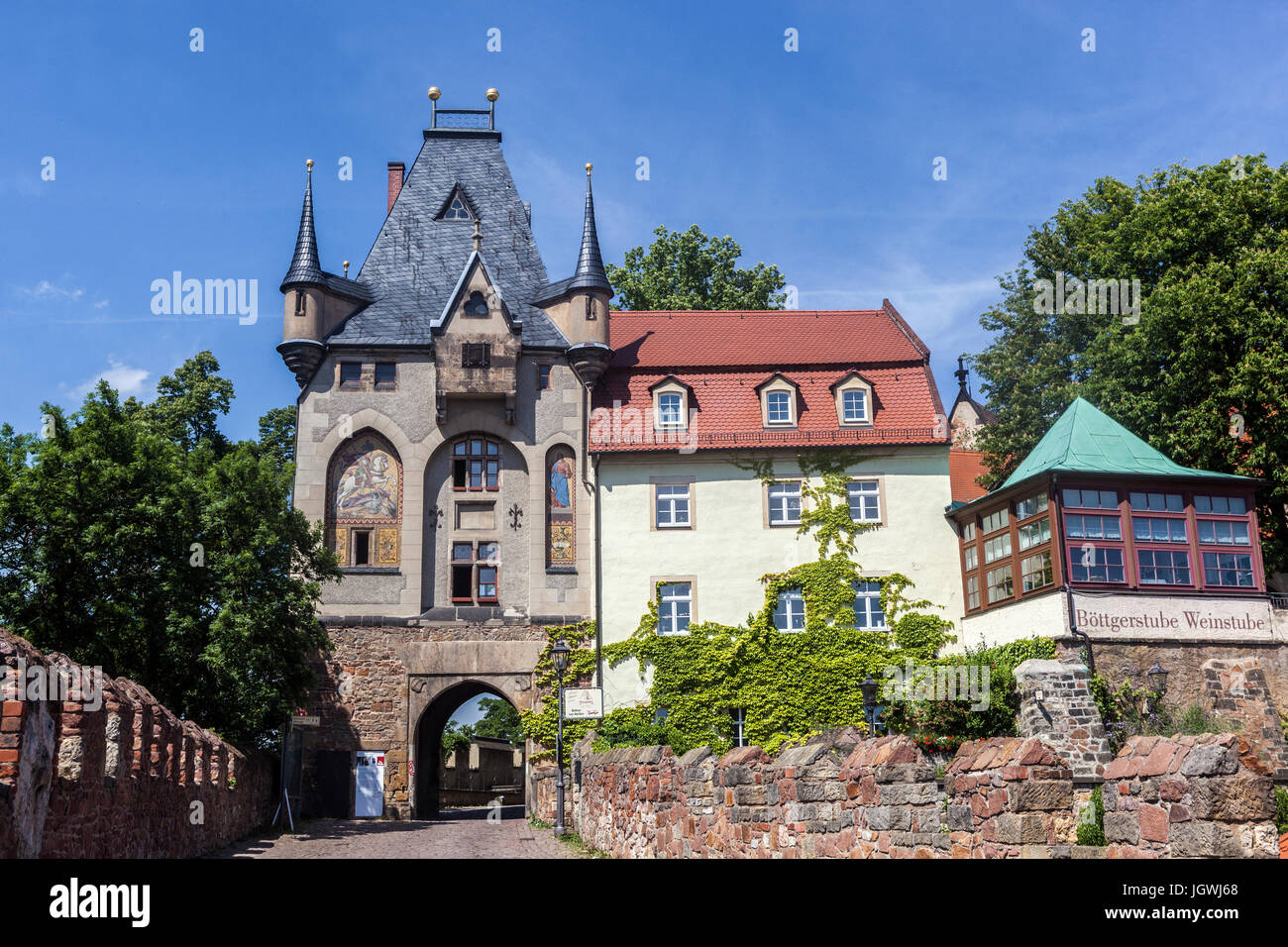 Burgberg Hill, forte Fortezza, Torre Meissen Torhaus porta ad Albrechtsburg, Sassonia Meissen Germania Foto Stock