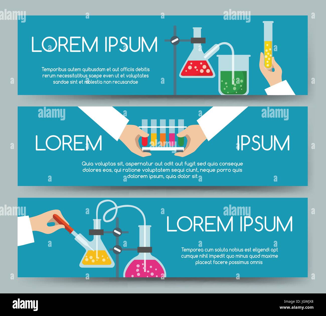 Scienziato laboratorio chimico del processo di lavoro banner set. La ricerca medica o sperimentazioni cliniche concetto le testate con sfondo blu Illustrazione Vettoriale