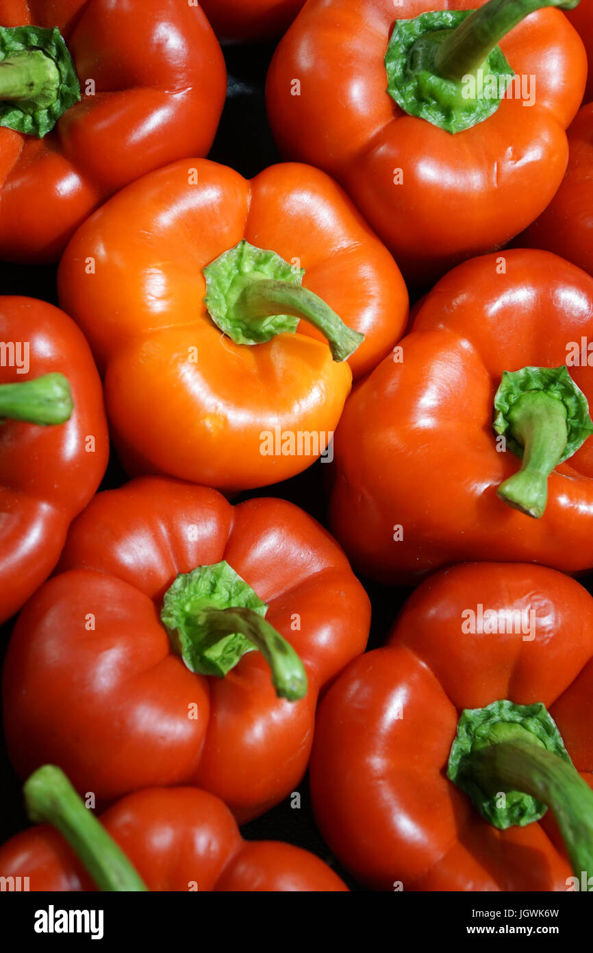 Close-up di display di generi alimentari di 7 luminose vibrante di peperoni rossi con steli verdi visto dal di sopra, con ombre; buona per lo sfondo o sfondo. Foto Stock