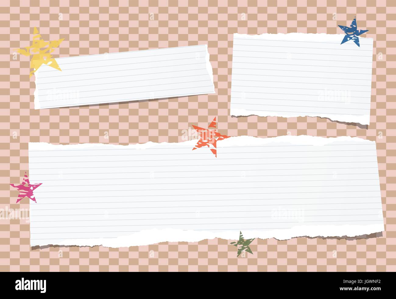 Nota bianco, notebook, copybook strisce di carta bloccata su marrone squadrato con sfondo colorato stelle. Illustrazione Vettoriale
