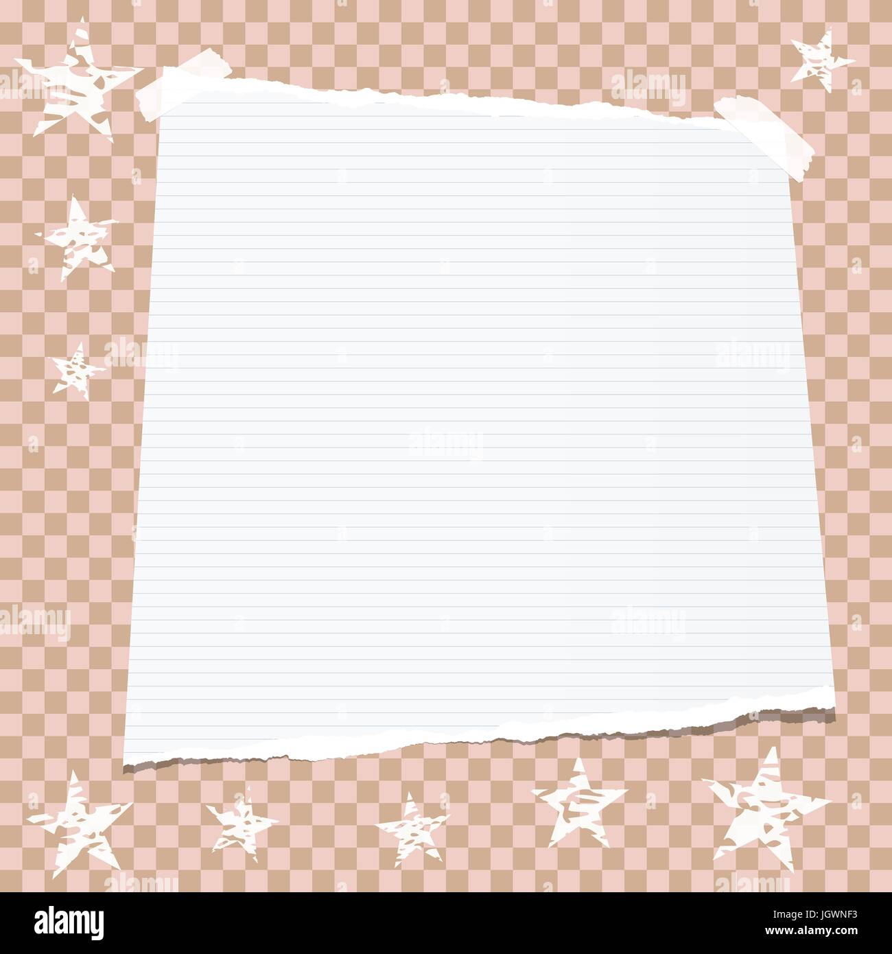 Nota bianco, notebook, copybook carta bloccata con il nastro adesivo marrone su sfondo quadrato con stelle.. Illustrazione Vettoriale