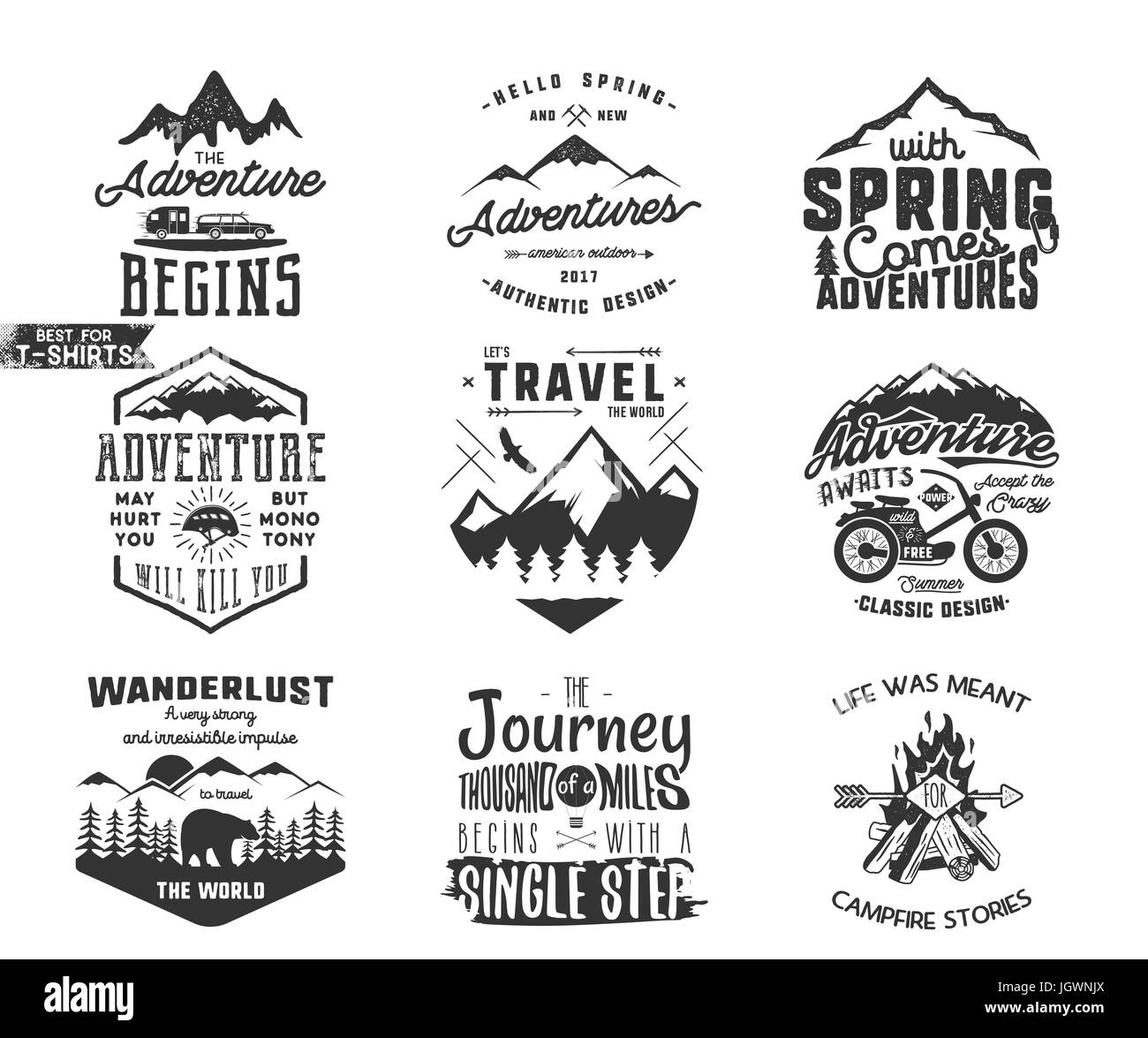 Avventura a molla e montagna explorer tipografia set di etichette. Attività all'aperto insignias ispiratrice. Silhouette hipster stile. Migliore per magliette, tazze. patch isolati su sfondo bianco Foto Stock