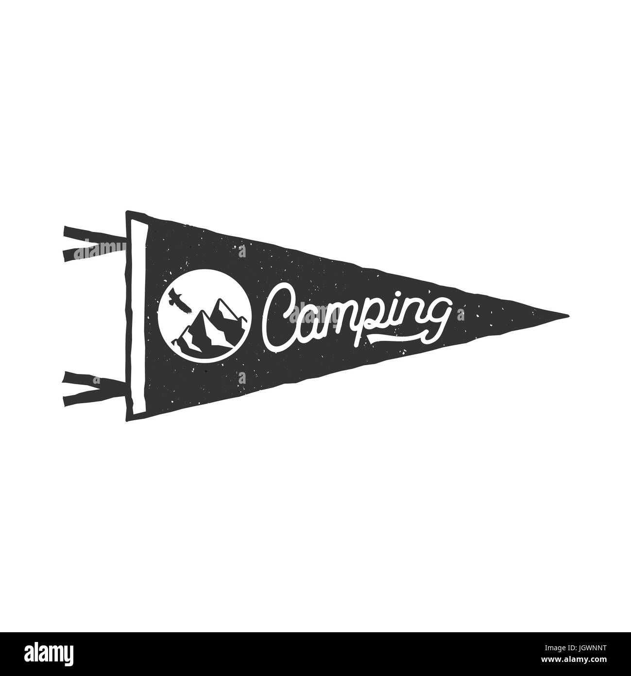 Camping pennant modello. Tenda e segno di testo. Design monocromatico. Magazzino isolato su sfondo bianco Foto Stock