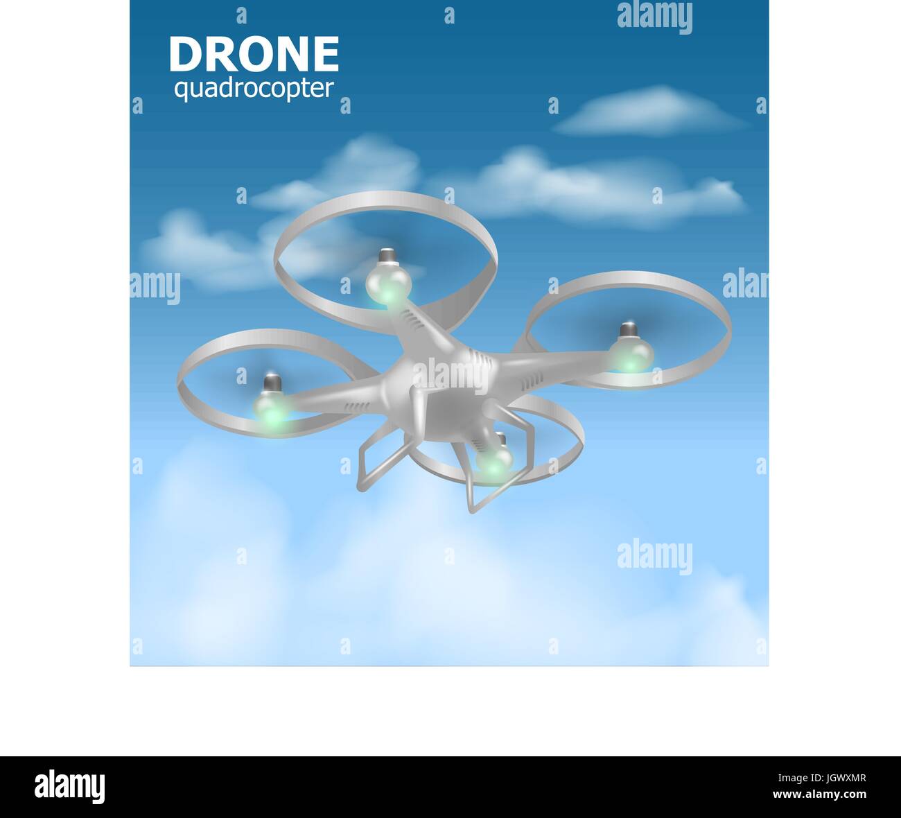 Realistica aria remoto drone quadrocopter volare nel cielo e di monitoraggio della sicurezza. Vista Isomertic. Illustrazione Vettoriale Illustrazione Vettoriale