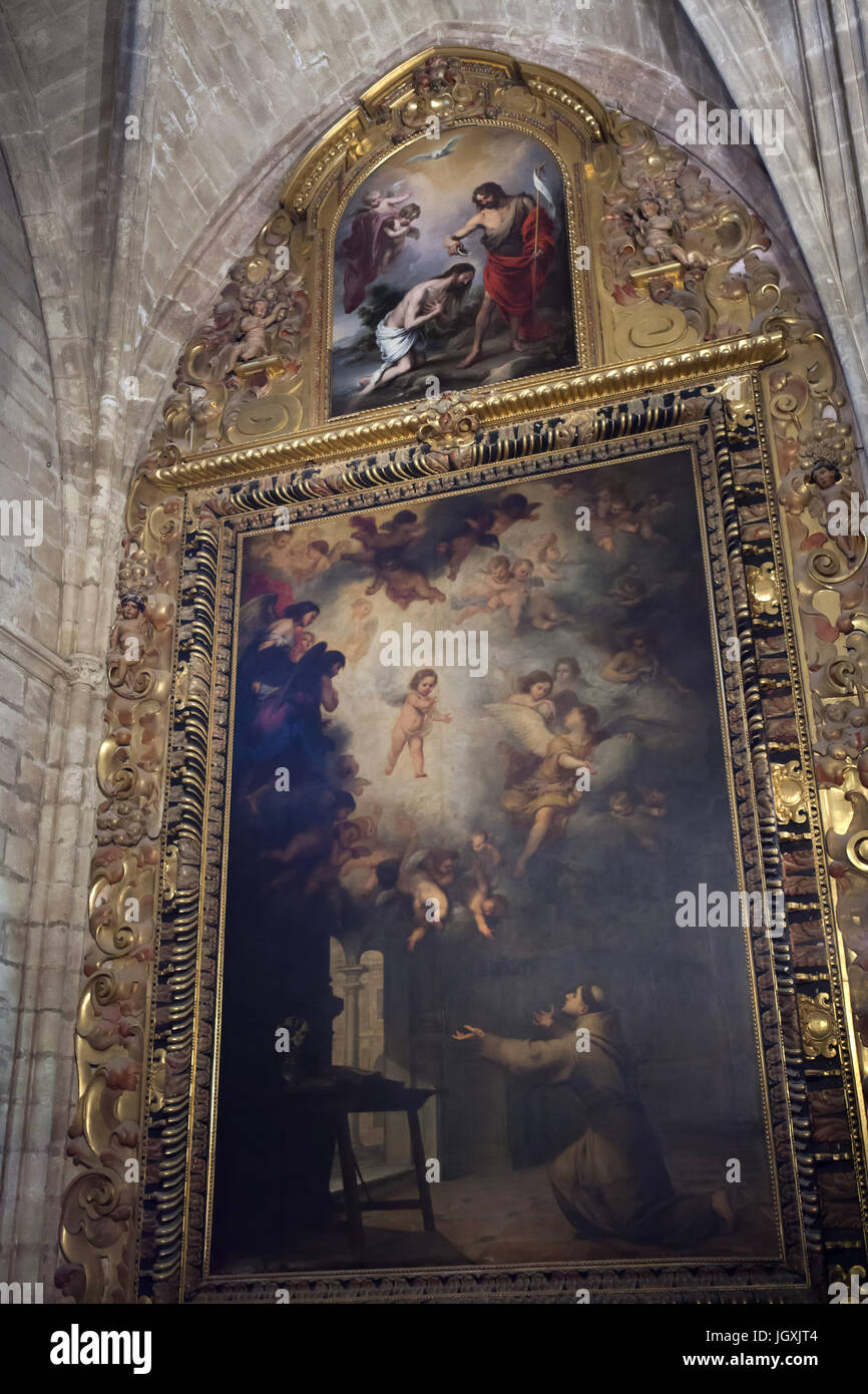 Dipinti " La visione di San Antonio di Padova" e "Battesimo di Cristo" dal Barocco spagnolo pittore Bartolomé Esteban Murillo (1667) sul display nell altare della Capilla de San Antonio della Cattedrale di Siviglia (Catedral de Sevilla) a Siviglia, in Andalusia, Spagna. Foto Stock