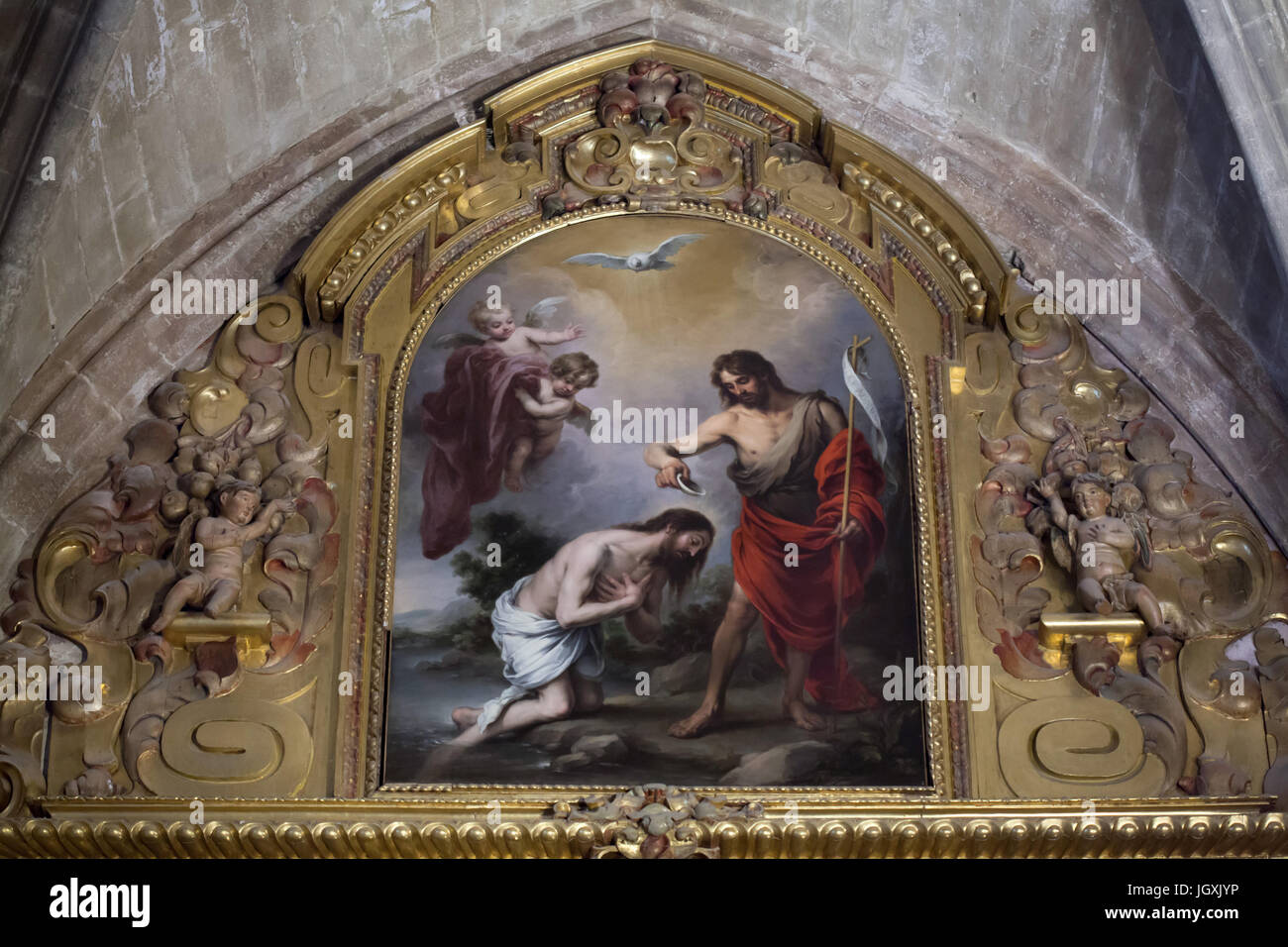 Pittura "Battesimo di Cristo" dal Barocco spagnolo pittore Bartolomé Esteban Murillo (1667) sul display sopra l altare della Capilla de San Antonio della Cattedrale di Siviglia (Catedral de Sevilla) a Siviglia, in Andalusia, Spagna. Foto Stock