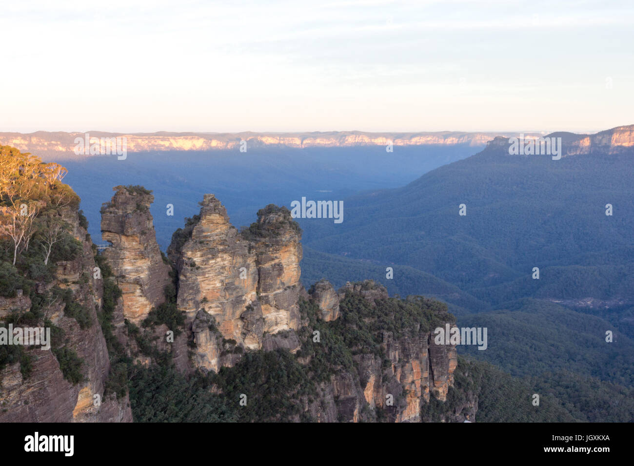 Le tre sorelle e la vista delle montagne Blu, Nuovo Galles del Sud, Australia Foto Stock