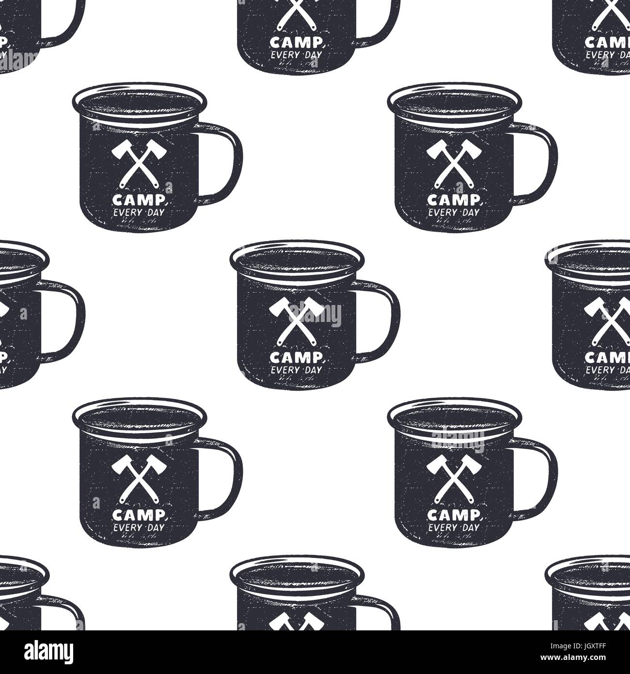 Vintage disegnati a mano camp mug, design pattern. Camping La carta da parati senza soluzione di continuità con la coppa, tipografia segno. Monocromatico design retrò. Illustrazione Vettoriale. Utilizzare per la stampa su tessuto, progetti web, t-shirt. Illustrazione Vettoriale