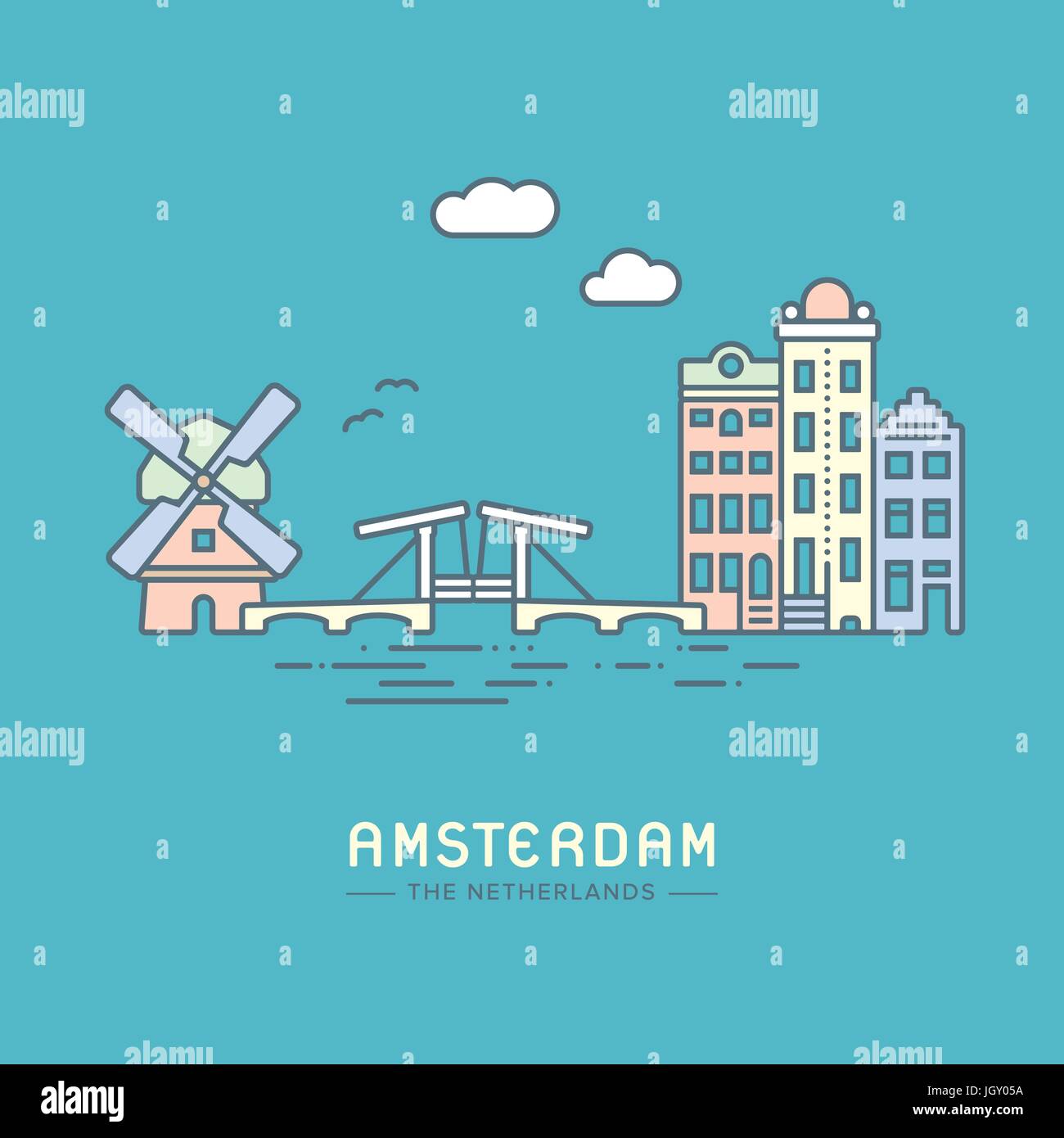 Icona linea stile Amsterdam city flat illustrazione vettoriale Illustrazione Vettoriale