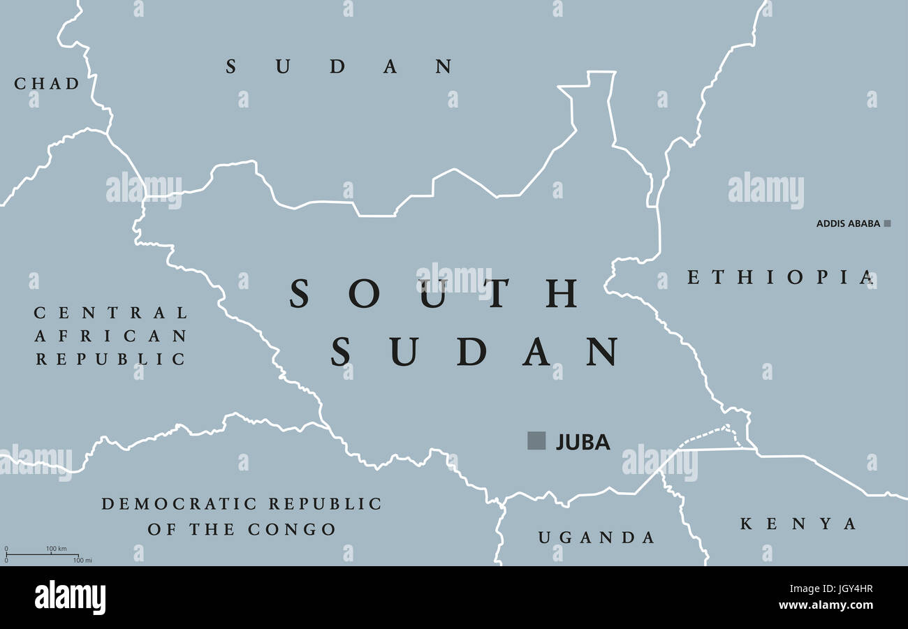 Il sud Sudan mappa politico con capitale Juba e dai confini nazionali. Repubblica e senza sbocco sul mare paese arabo in Nord Africa. Illustrazione di grigio. Foto Stock