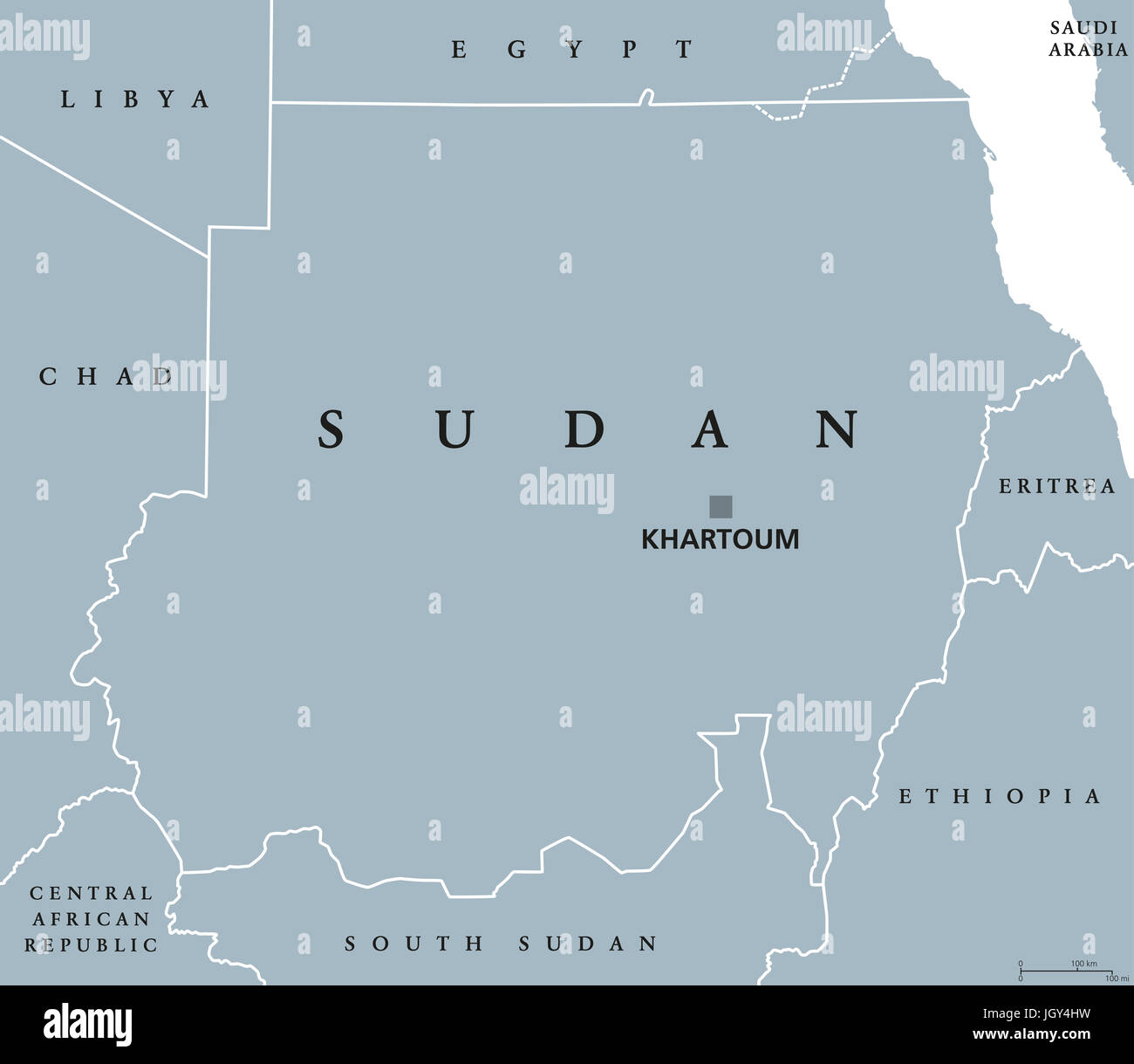 Sudan mappa politico con capitale Khartoum e i confini nazionali. Nord Sudan, Repubblica Araba e paese nel Nord Africa. Illustrazione di grigio. Foto Stock