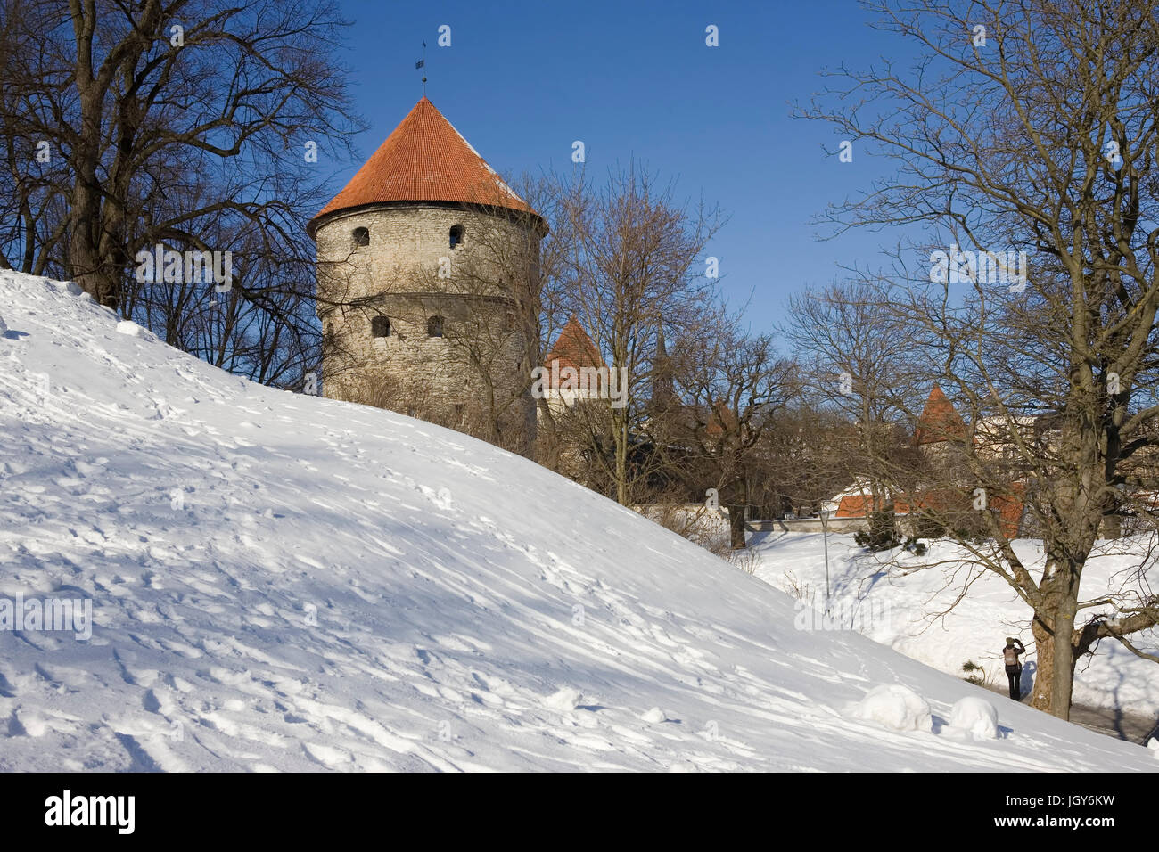 I pendii innevati di Harjumägi con il Kiek in de Kök al di là della torre, Tallinn, Harjumaa, Estonia Foto Stock