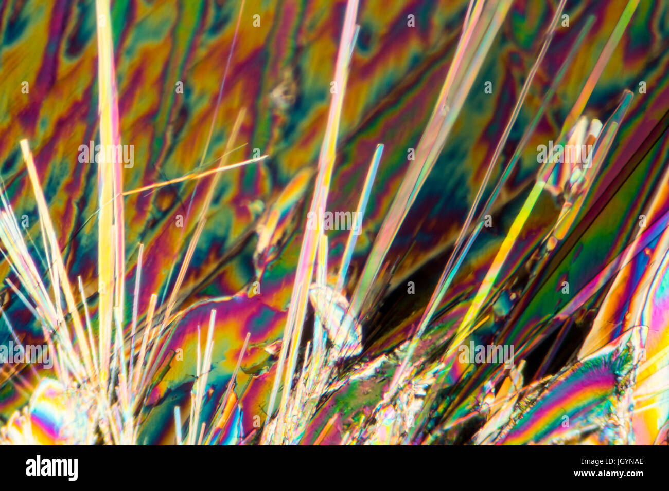Riprese al microscopio di carbonato di sodio con microcristalli in luce polarizzata Foto Stock