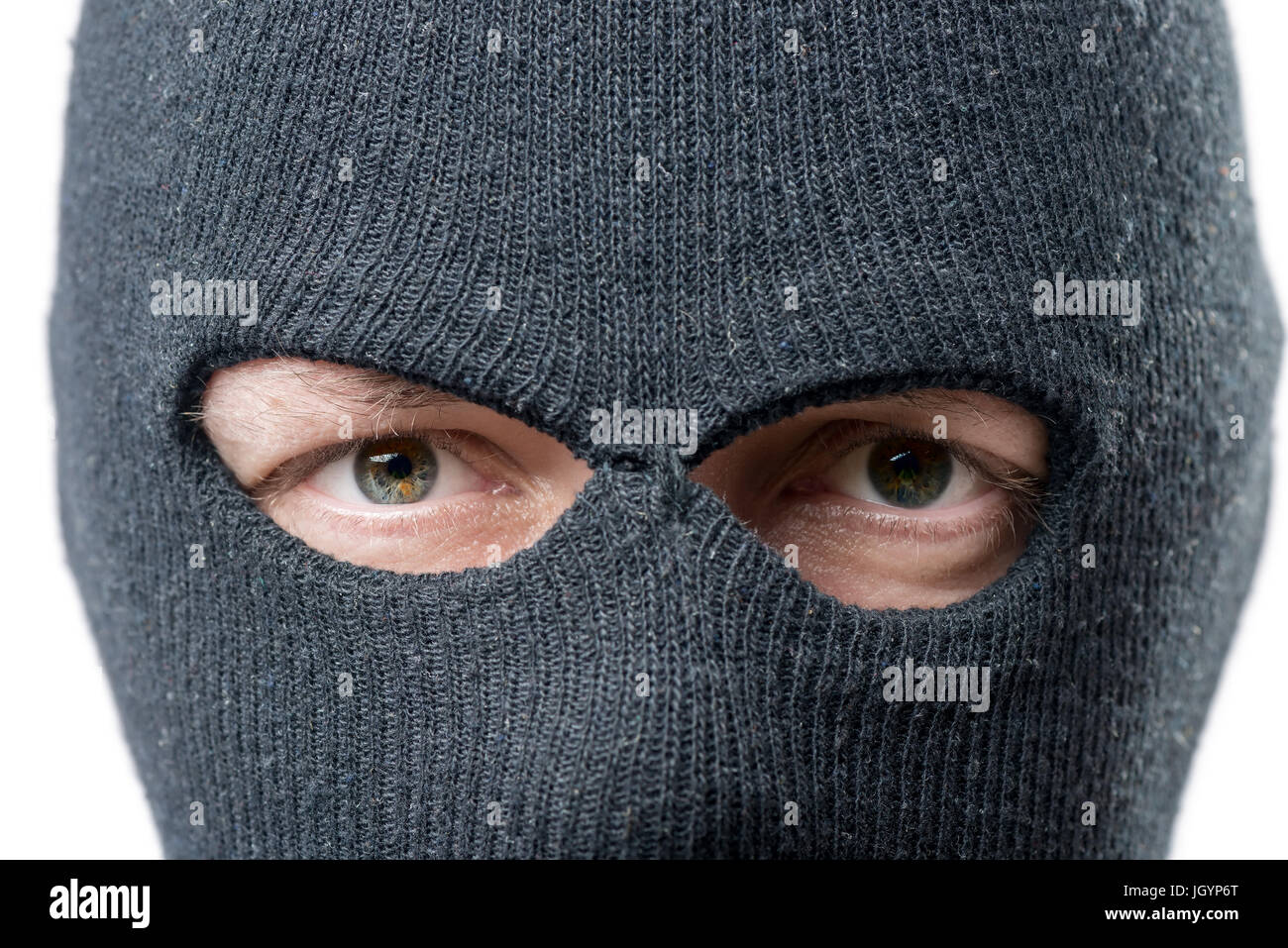 Aspetto penale, maschera sul viso balaclava closeup Foto Stock
