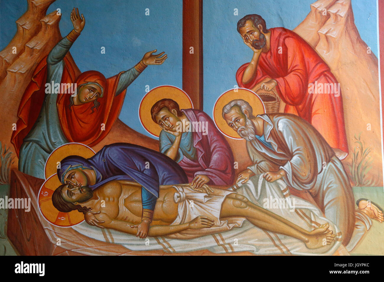 Affresco nella chiesa di Santa Croce, Pedoulas. Gesù Cristo la tumulazione. Cipro. Foto Stock