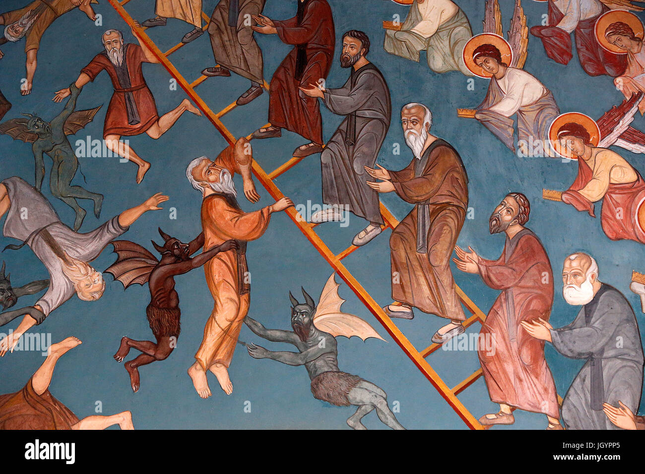 Il Monastero Kykkos, Cipro. La scaletta di risalita divina con il bene sulla destra e il cattivo sulla sinistra. Foto Stock