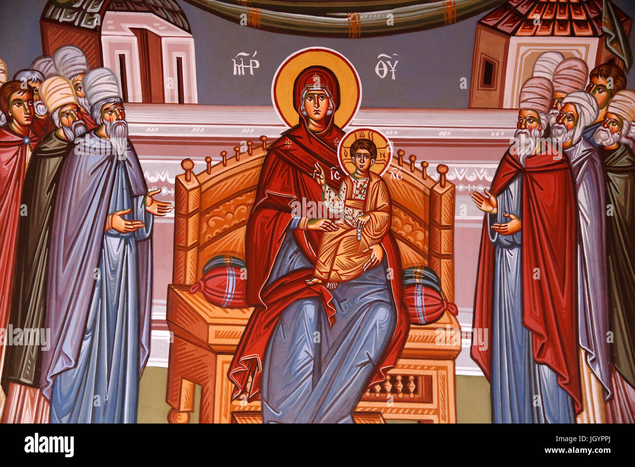 Il Monastero Kykkos, Cipro. Affresco. Vergine con il bambino circondata dagli oratori. Foto Stock