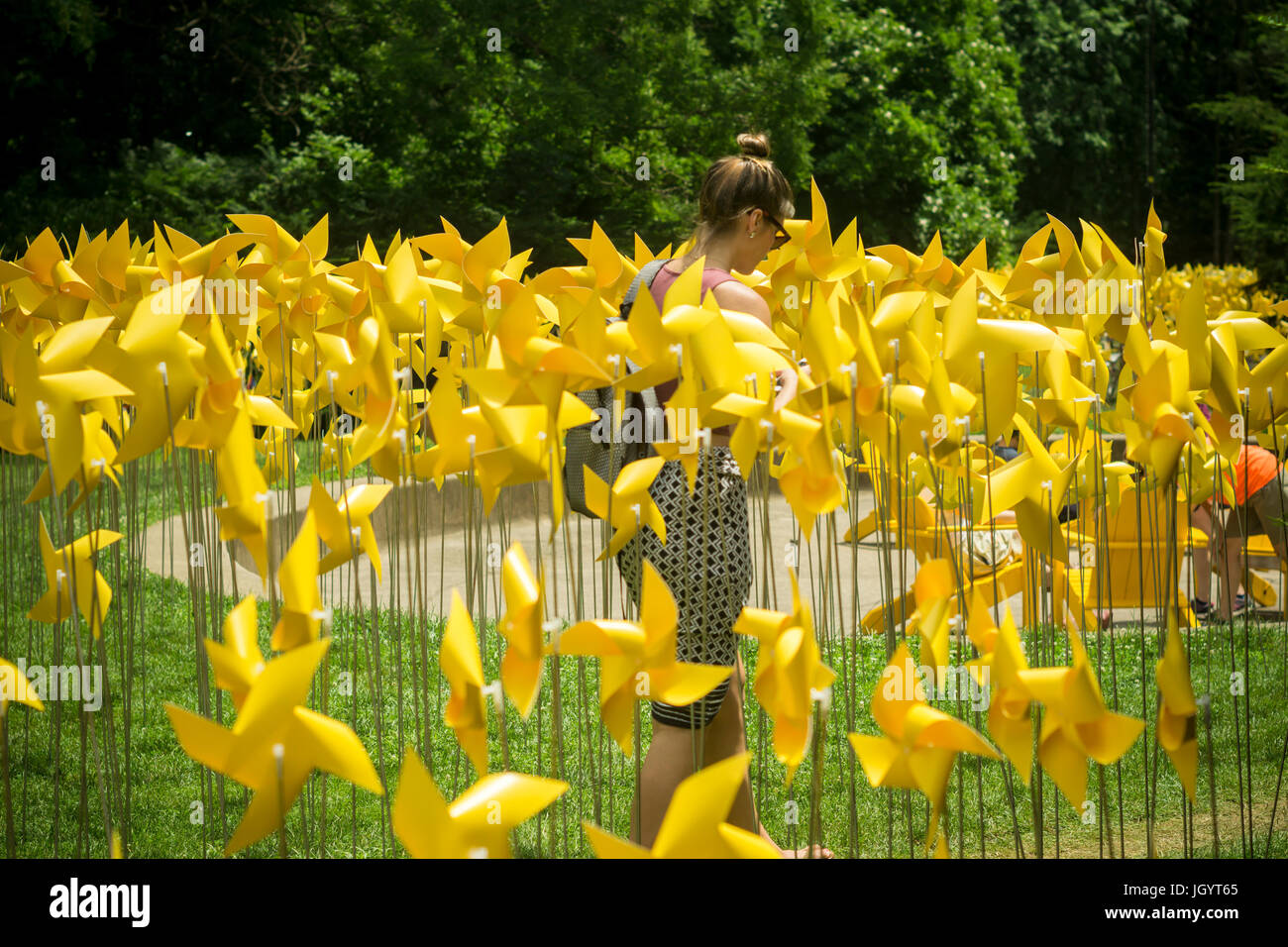 Il progetto connettivo, costituito da 7000 pinwheels fatti a mano, realizzato da volontari, è visualizzato nel Giardino di Rose di Prospect Park di Brooklyn a New York sabato 8 luglio, 2017. (© Richard B. Levine) Il massiccio installazione d arte organizzato e creato da Suchi Reddy, un architetto locale, è parte del centocinquantesimo anniversario del Prospect Park. Il pinwheels contengono messaggi e arte da parte del pubblico e che è destinato a collegare la comunità. (© Richard B. Levine) Foto Stock