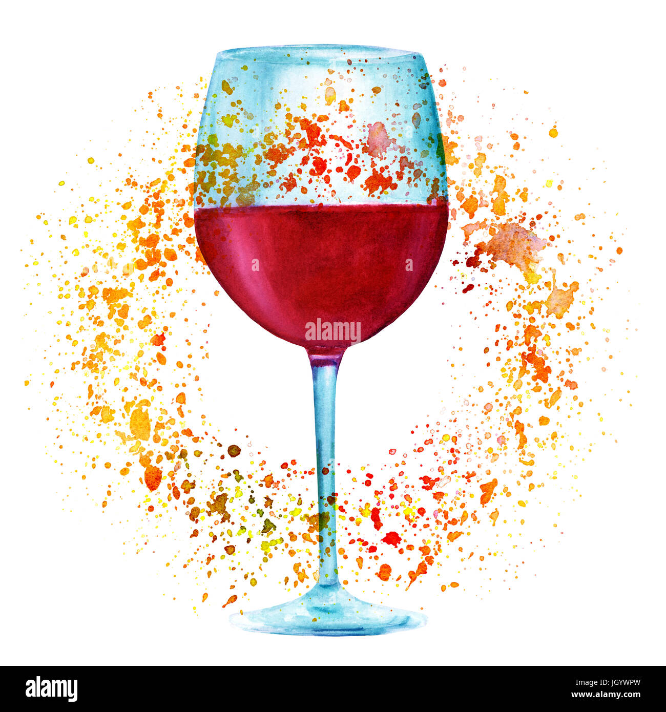 Un disegno ad acquerello di un bicchiere di vino rosso, dipinte a mano in  stile retrò, con spruzzi di giallo dorato la vernice attorno ad esso e un  posto per il testo.