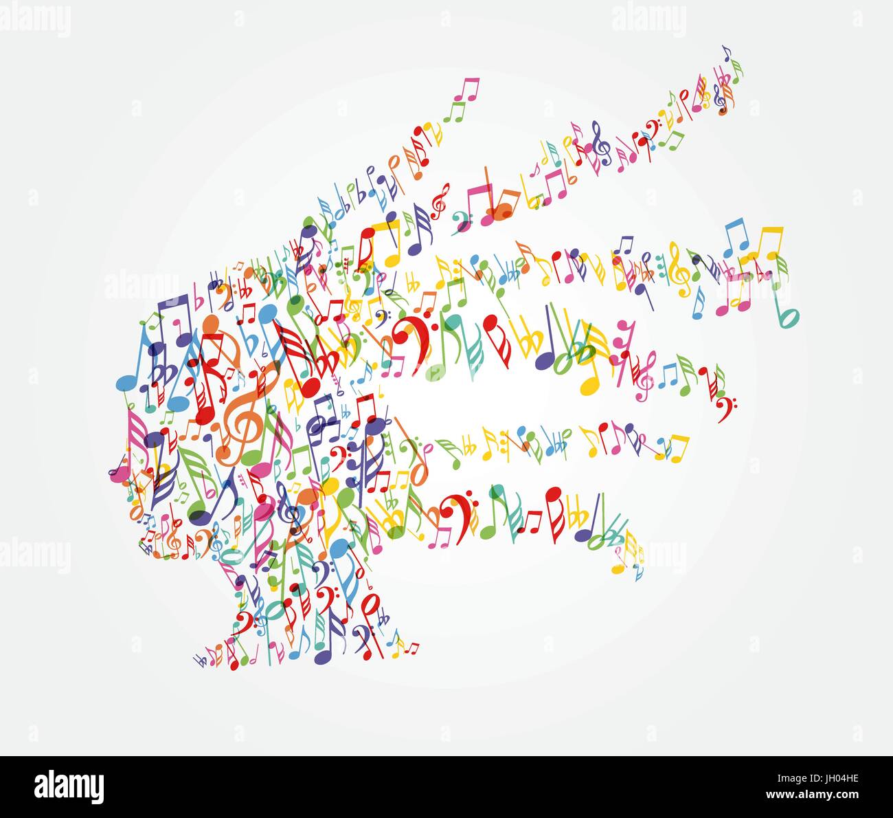 Colore note musicali splash dalla testa di donna. Illustrazione di divertimento. Illustrazione Vettoriale