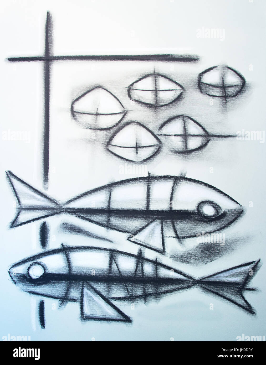 Disegnata a mano illustrazione disegno a carboncino o del simbolo cristiano di cinque pani e due pesci Foto Stock