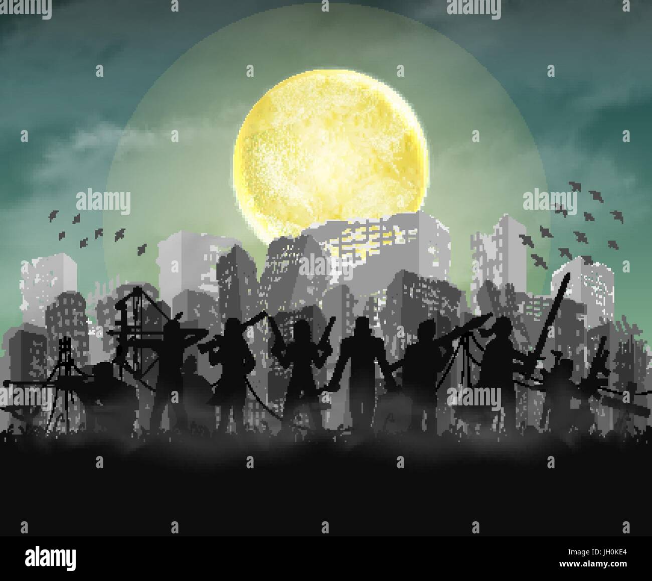 Slayer zombie team con rovinato apocalypse city Illustrazione Vettoriale