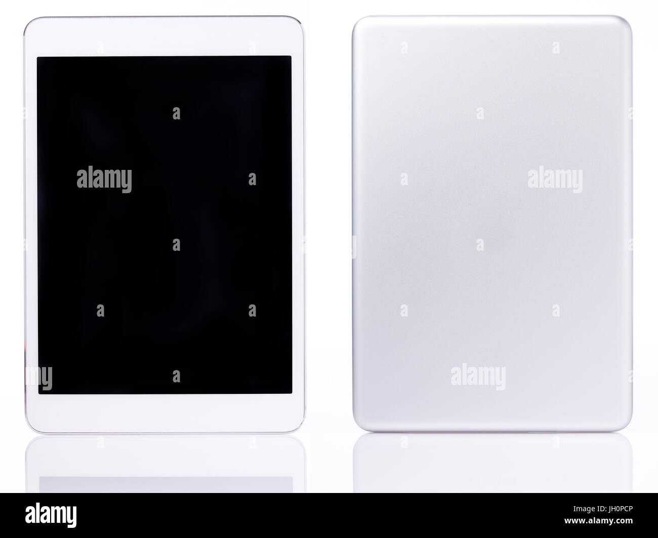Indietro e vista frontale del tablet generico isolato su sfondo bianco Foto Stock