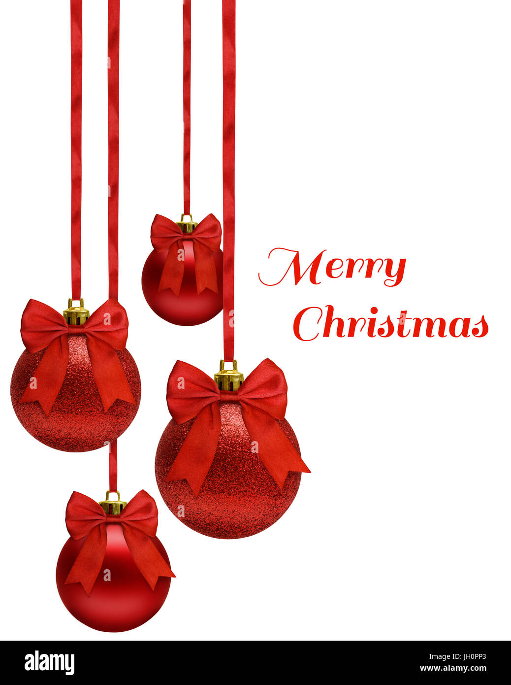 Sfondo di natale, rosso palle di Natale appeso su nastro prua, su bianco Foto Stock