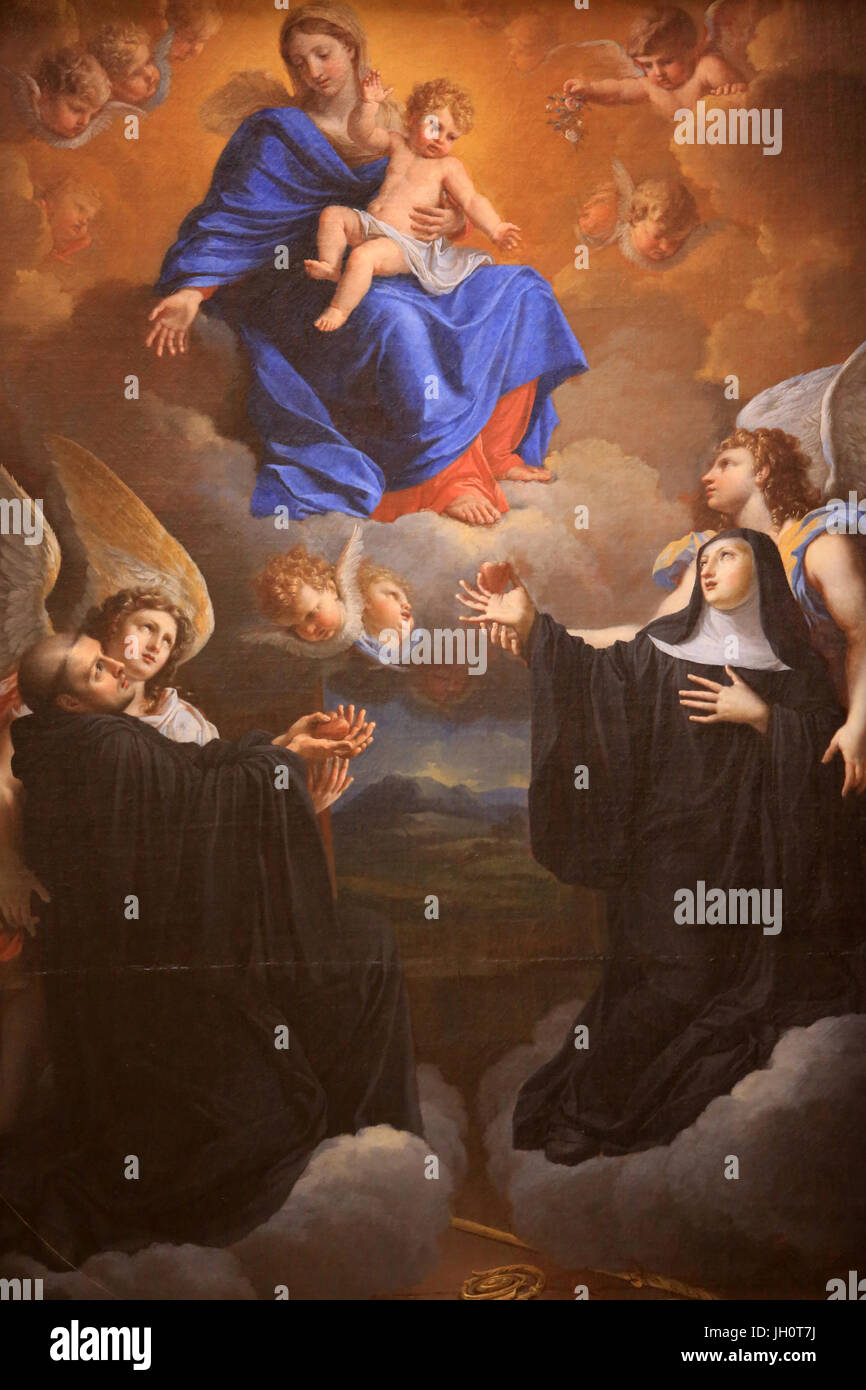 San Beno"t e San Scholastique presentando i loro cuori per la Vergine e il bambino. 1645-1650. Cattedrale di Lione. La Francia. Foto Stock