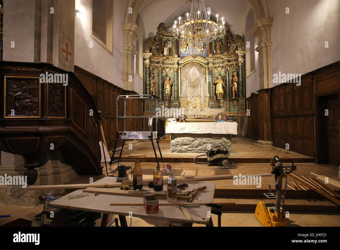 Restauro di Saint Gervais chiesa barocca. Sito di lavoro. La Francia. Foto Stock