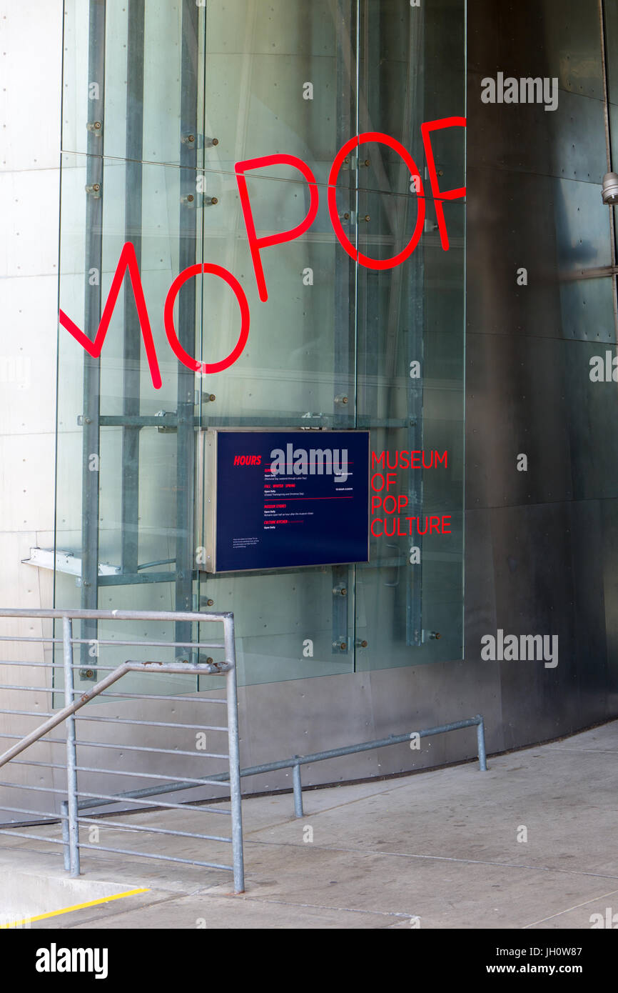 Segno di entrata al Museo della cultura pop di Seattle, Washington, Stati Uniti d'America Foto Stock