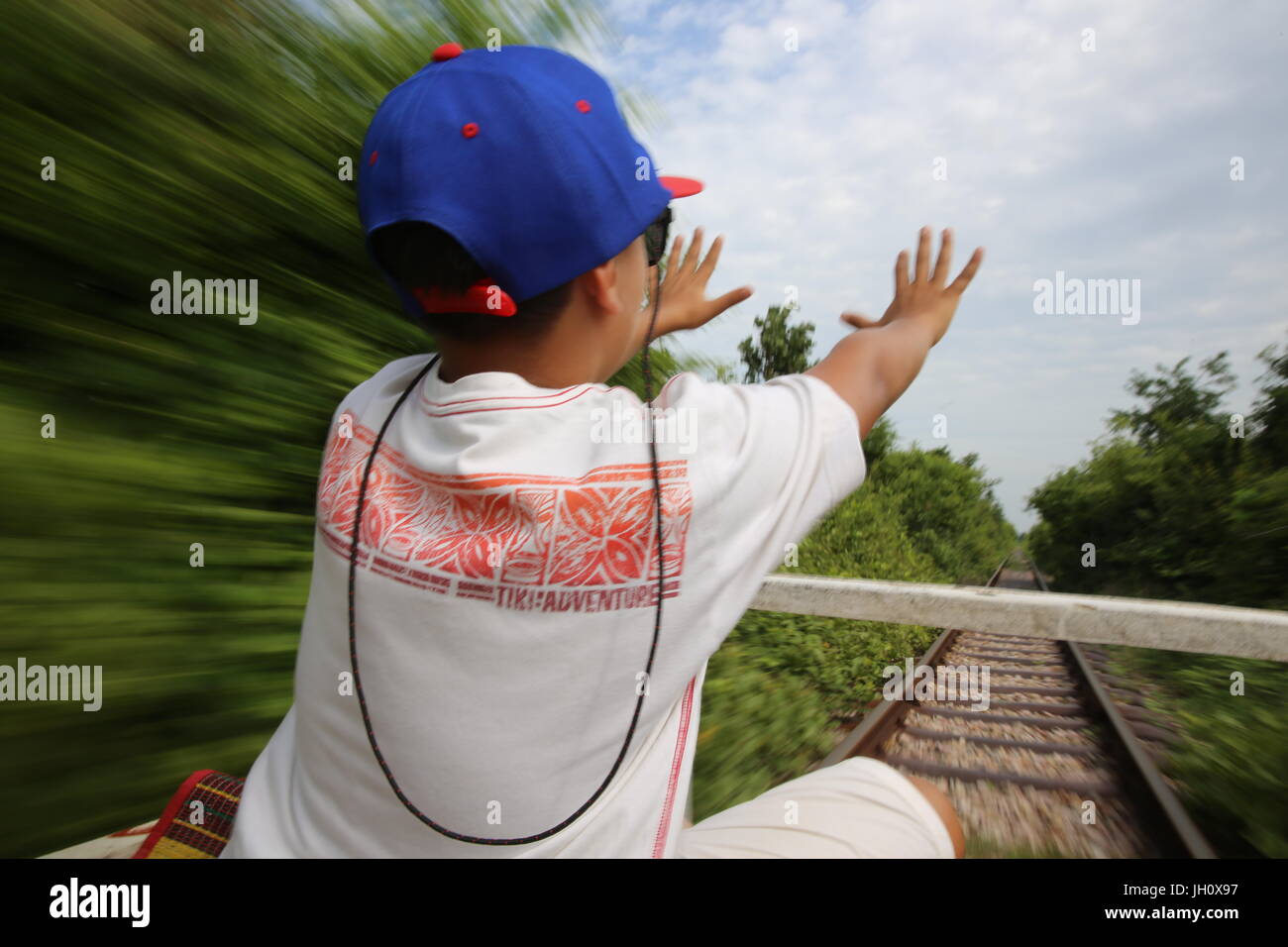 Il Battambang bamboo treno. Cambogia. Foto Stock