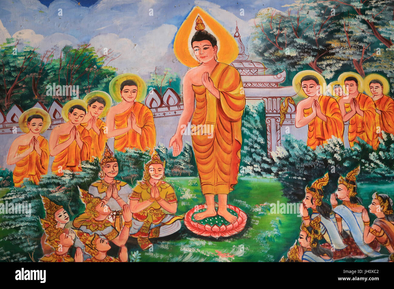 La diffusione del Dharma. La vita di Buddha. Illustrazione del soffitto raffiguranti scene della vita di Buddha. Wat Inpeng. Vientiane. Laos. Foto Stock