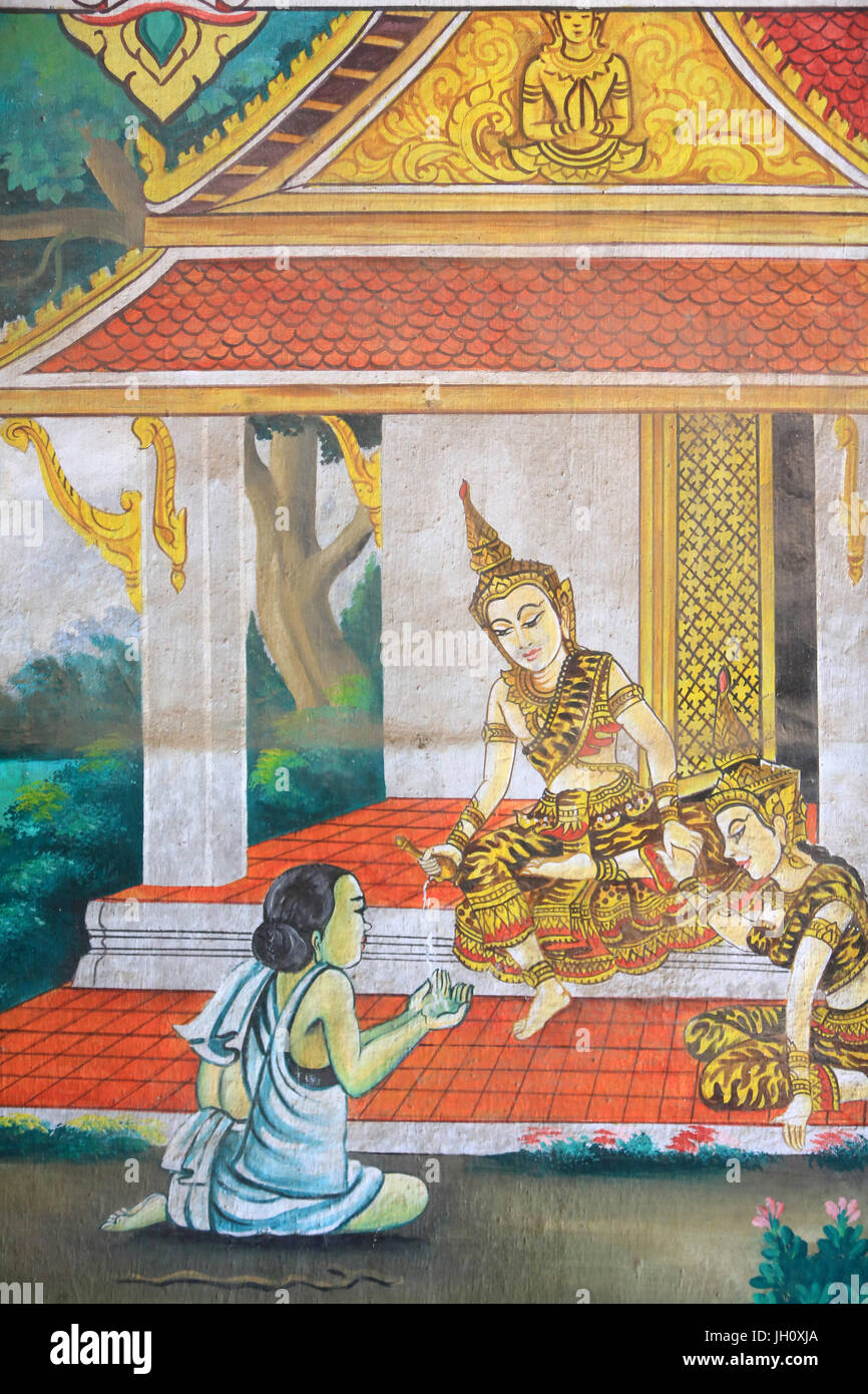 Dipinto raffigurante la storia della vita di Buddha Shakyamuni. Wat Naxai. Vientiane. Laos. Foto Stock