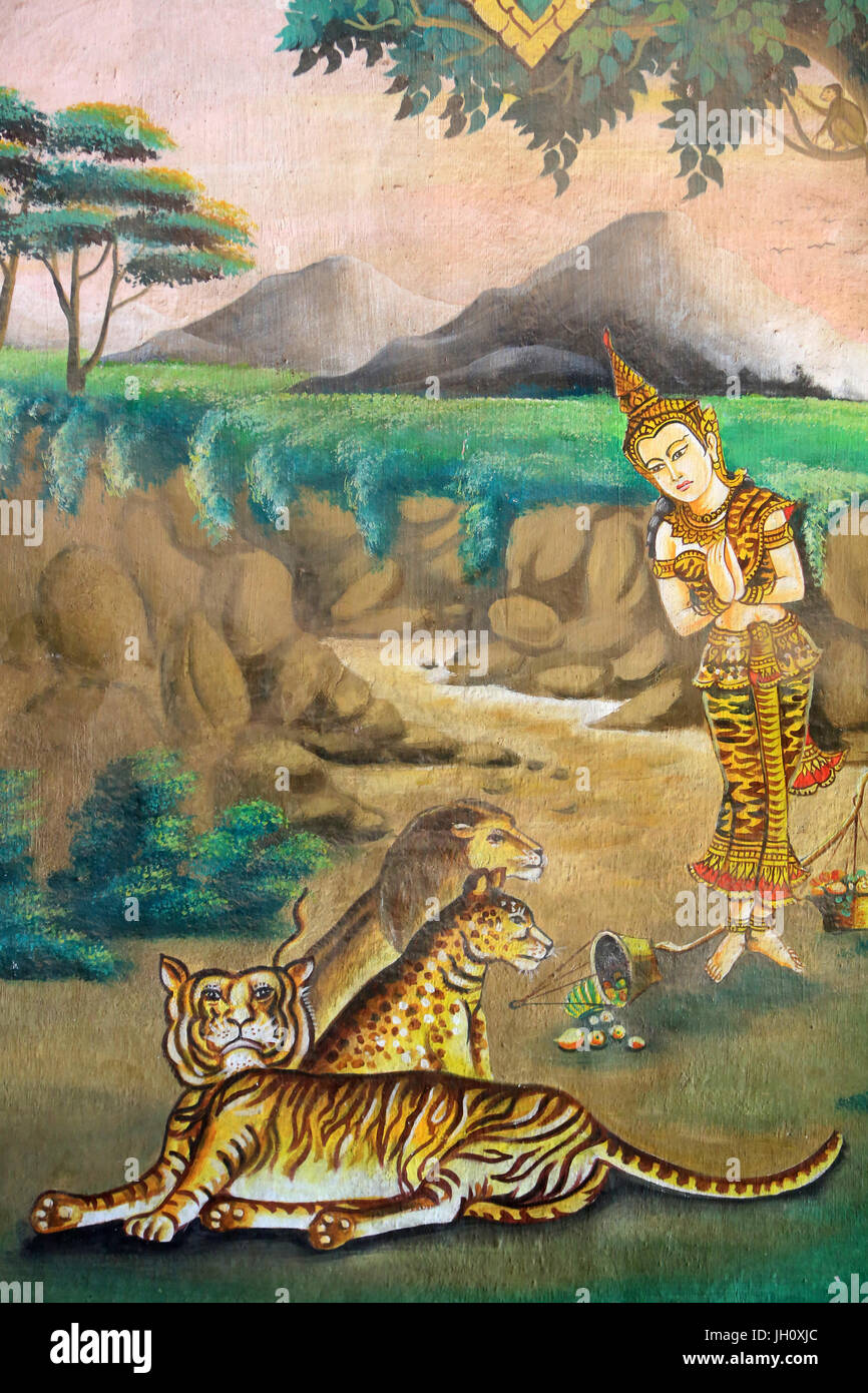 La compassione per gli animali. Dipinto raffigurante la storia della vita di Buddha Shakyamuni. Wat Naxai. Vientiane. Laos. Foto Stock