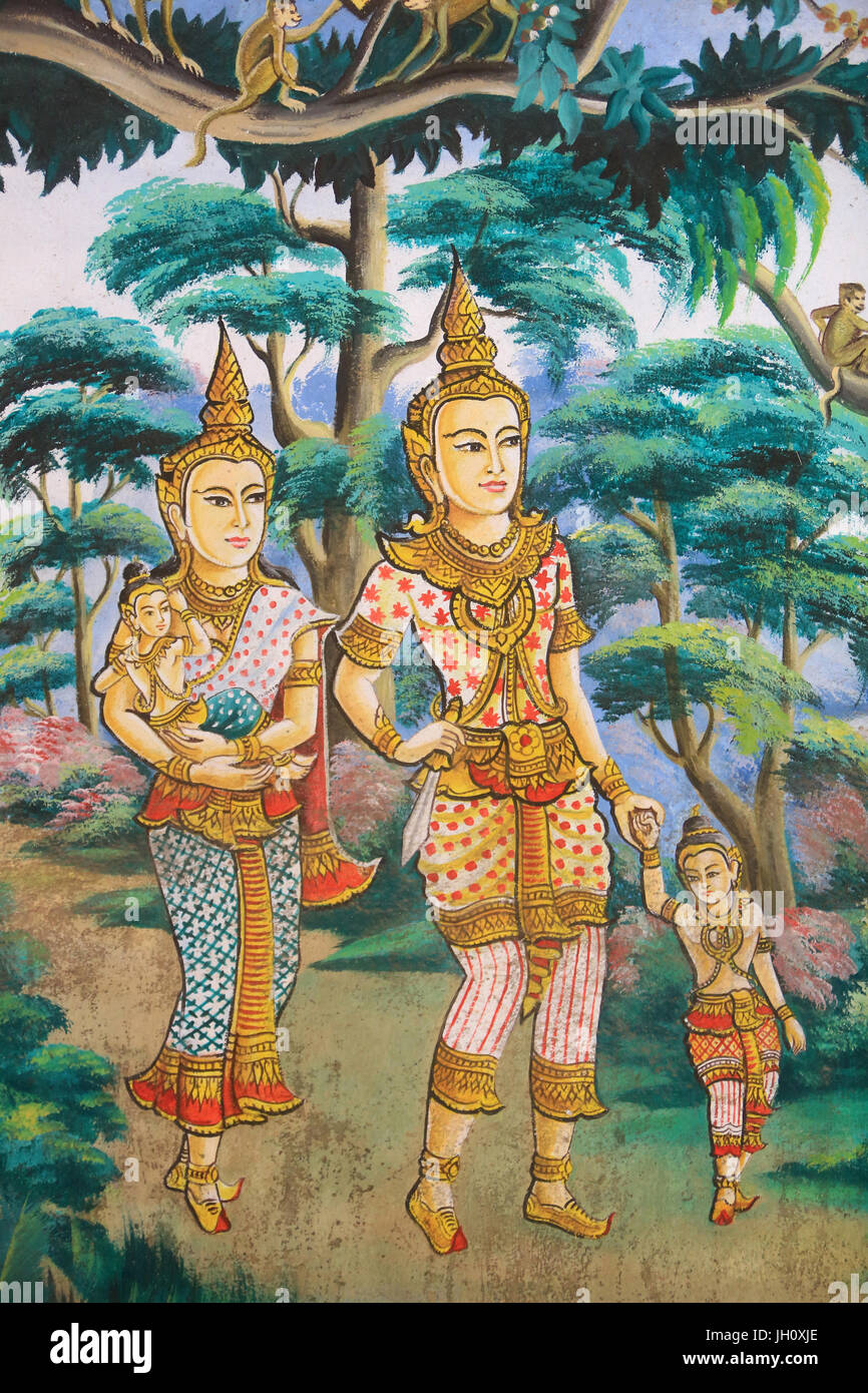 Siddhartha Gautama, sua moglie Yashodhara e suo figlio Rahula. Dipinto raffigurante la storia della vita di Buddha Shakyamuni. Wat Naxai. Vientiane. Laos. Foto Stock