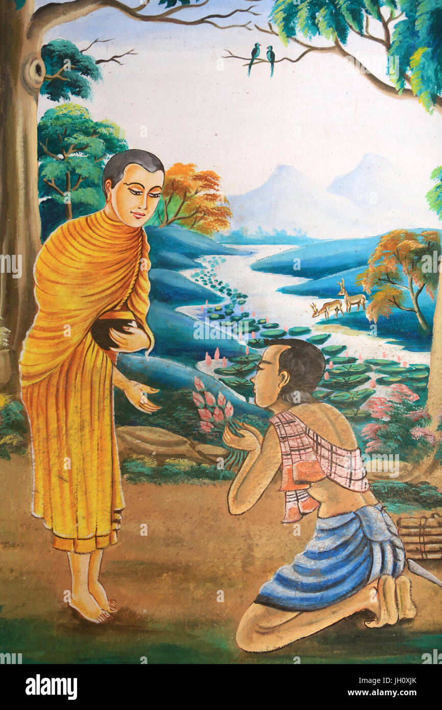 Dipinto raffigurante la storia della vita di Buddha Shakyamuni. Wat Naxai. Vientiane. Laos. Foto Stock