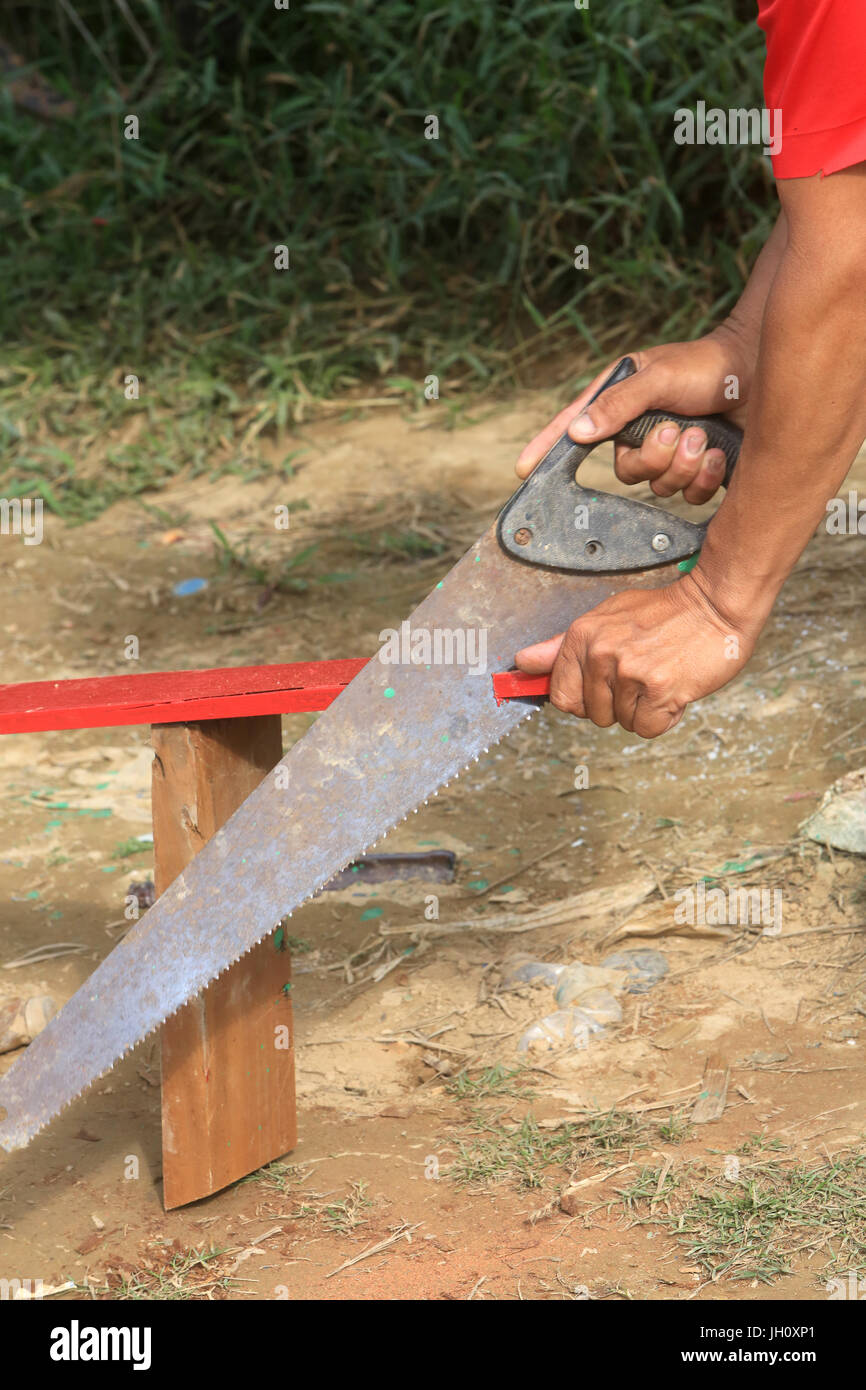 Lao segagione di un pannello di legno per il rinnovo della sua barca. Laos. Foto Stock