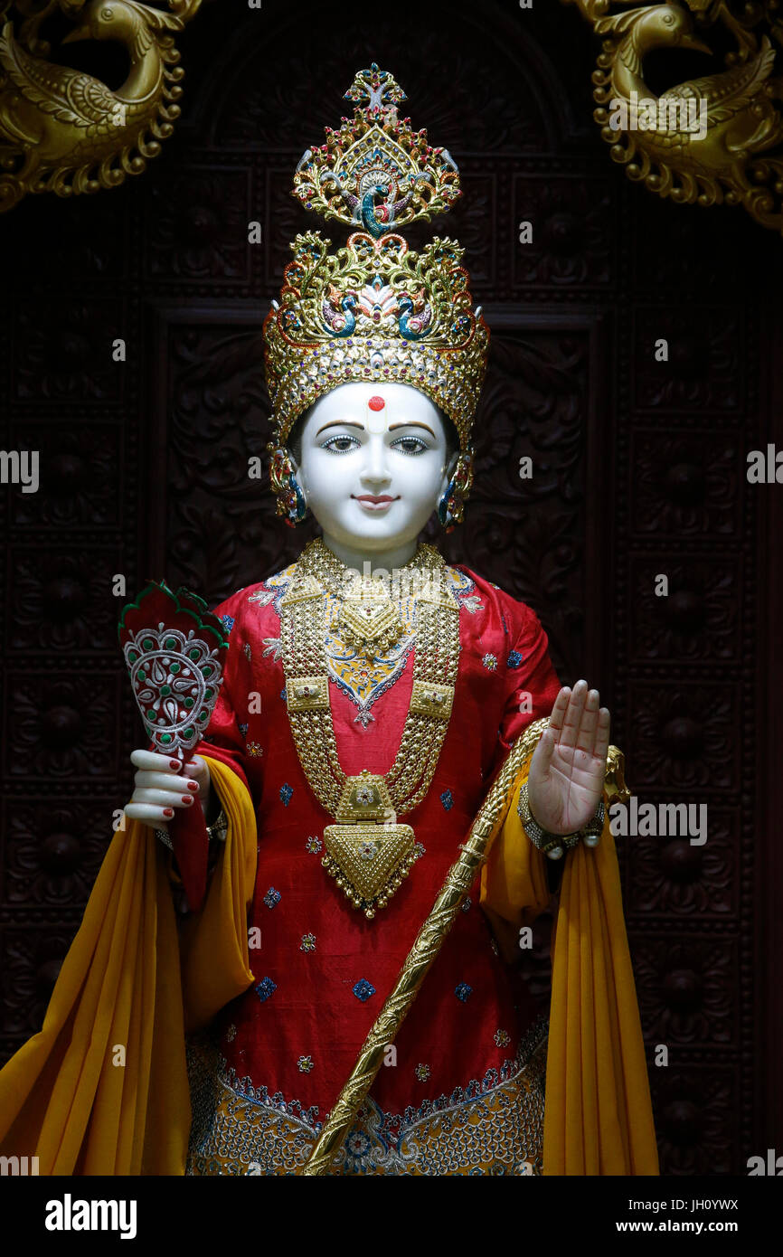 BAPS Shri Swaminarayan Mandir, Kampala. Hri Ghanshyam Maharaj murthi. Uganda. Foto Stock