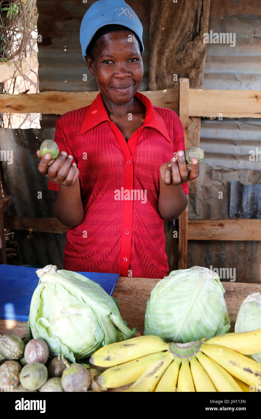 La frutta e la verdura in negozio Mulago. Uganda. Foto Stock