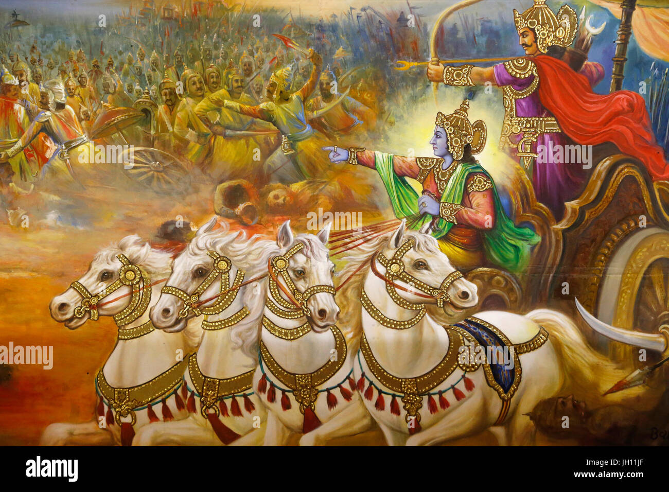 Jalaram Prathna tempio indù, a Leicester. Affresco. Krishna il charioteer guidare Arjuna nel campo di battaglia di Kurukshetra. Regno Unito. Foto Stock