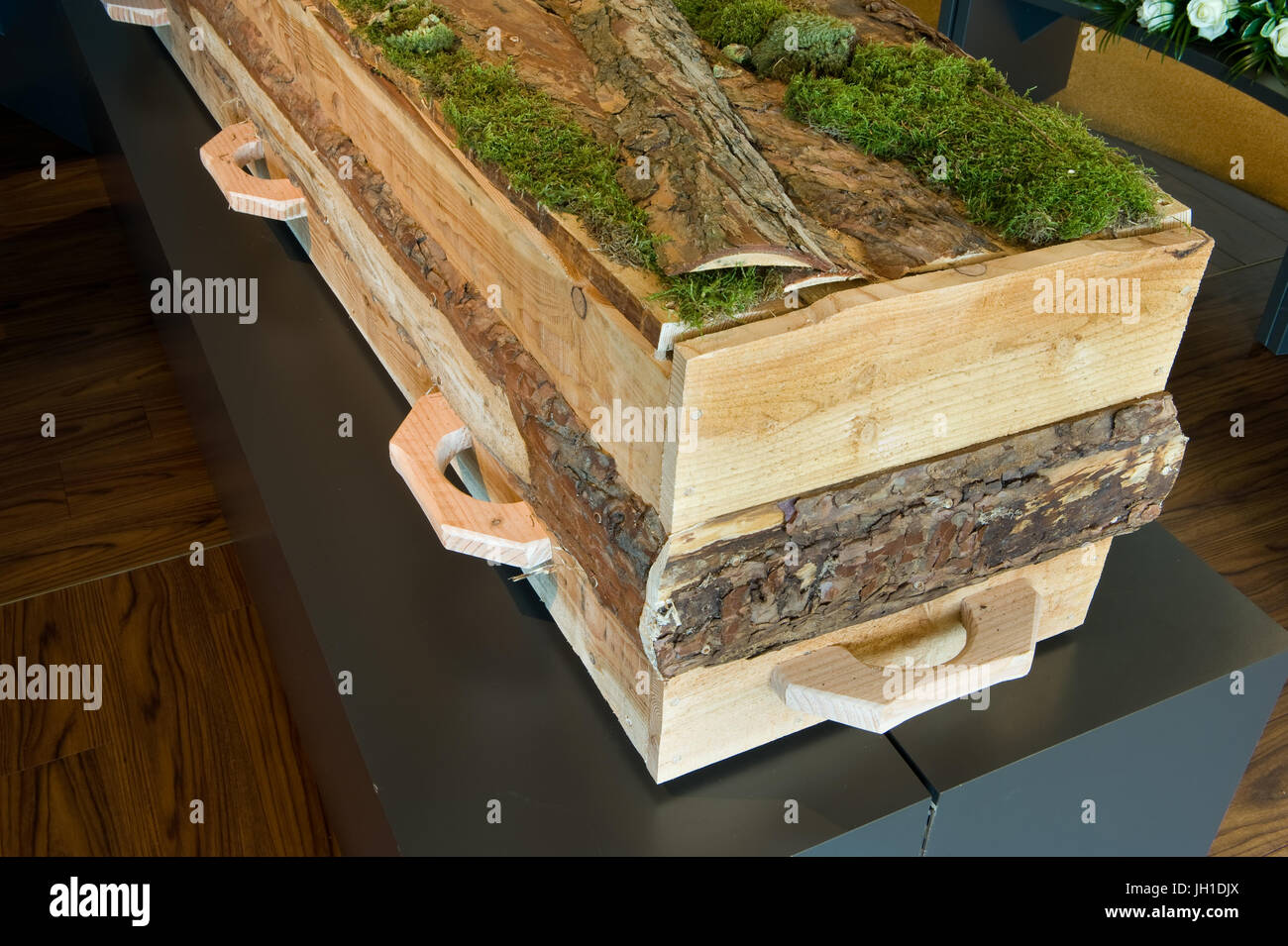 Una bara di legno naturale coperto con moss sulla parte superiore in un obitorio Foto Stock